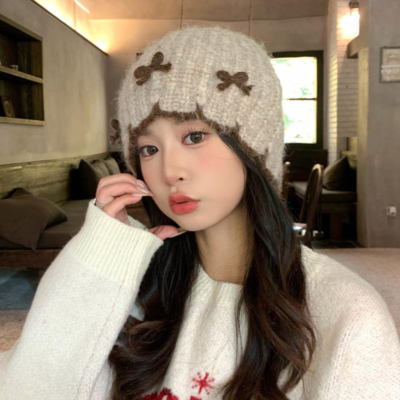 Women's Autumn and Winter Sweet and Versatile Bow Knitted Wool Hat Korean Style Big Head Surround Head Hat Warm Cold Hat New