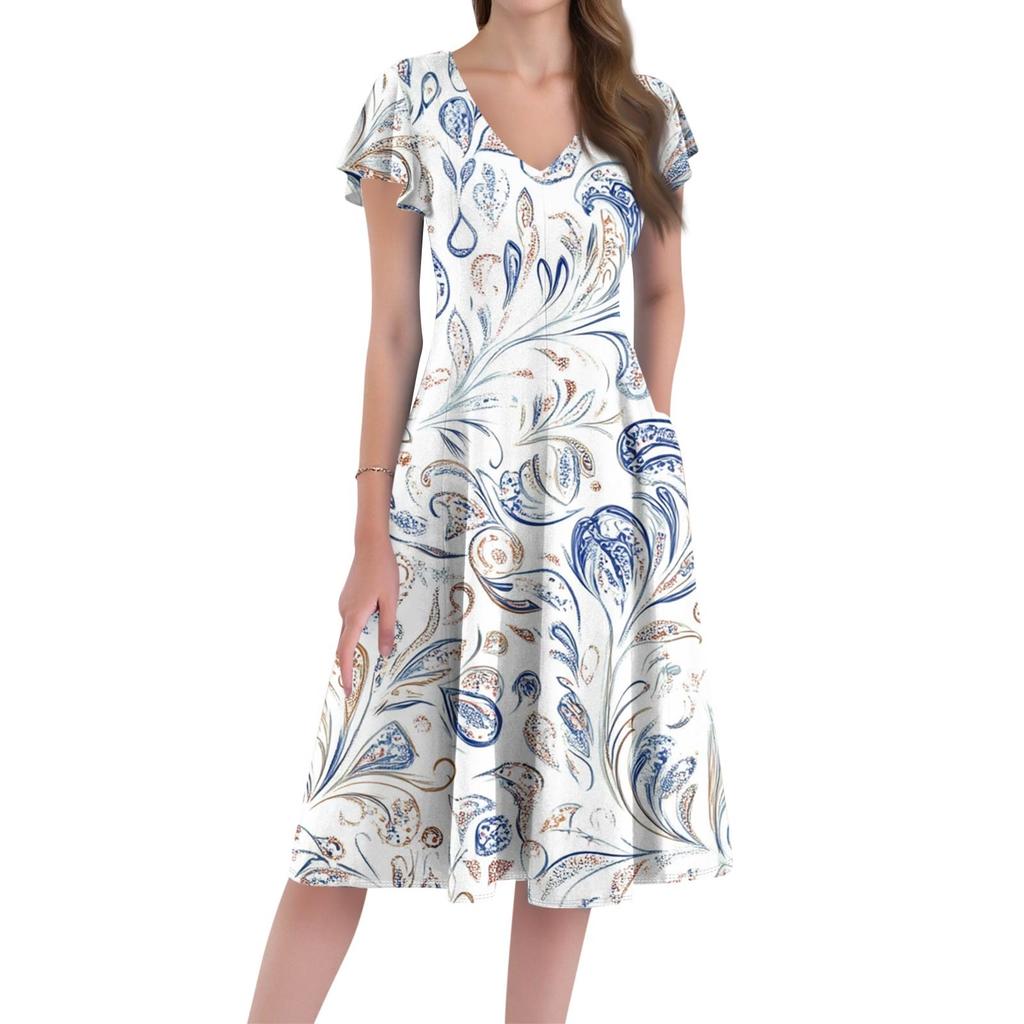 A Casual And Fashionable V-Neck Short-Sleeved Medium-Length Dress With Floral Prints For Women