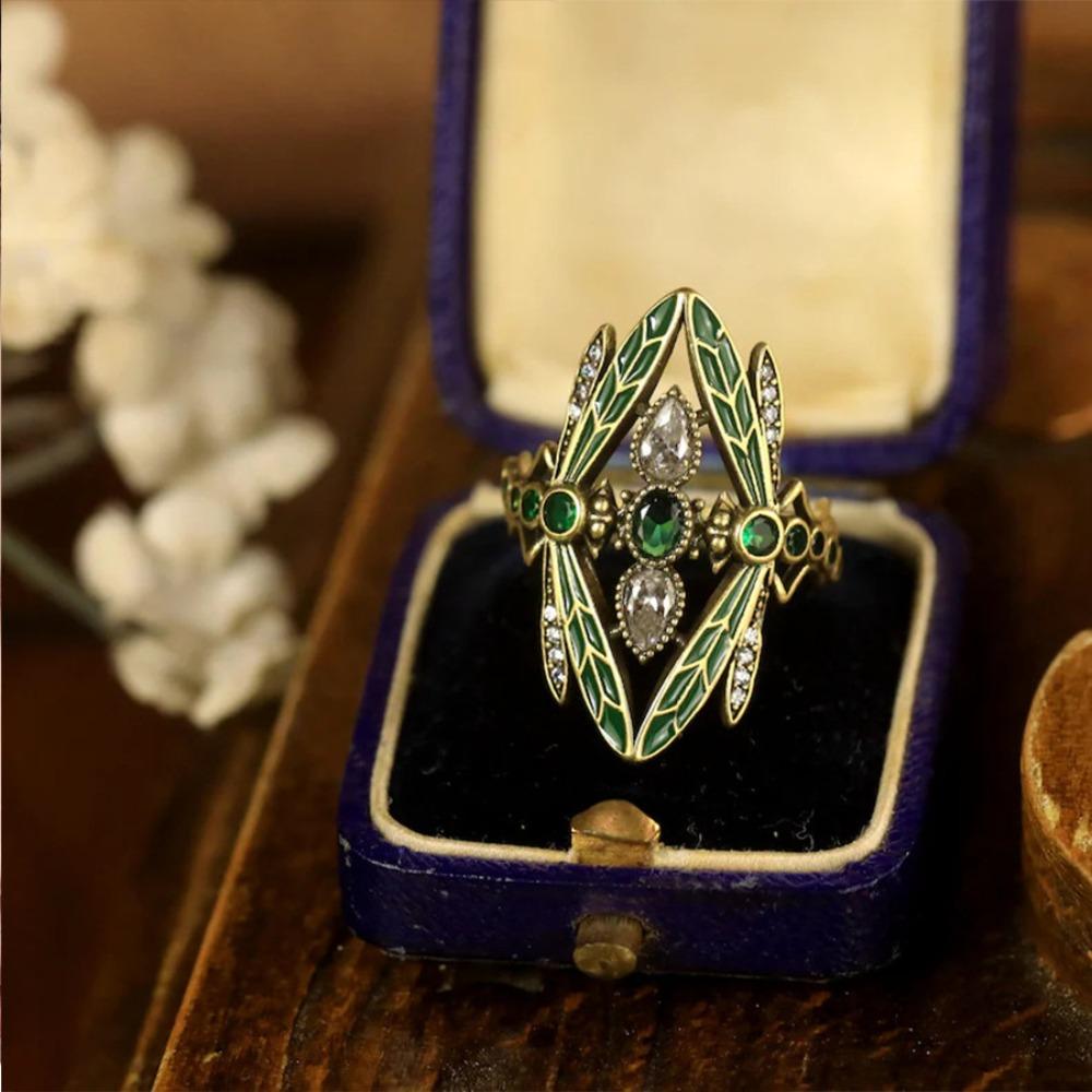 Retro Bohemia Green Glazed Crystal Dragonfly Wide Opening Adjustable Rings for Women Exquisite Luxury Jewelry Accessories Gifts