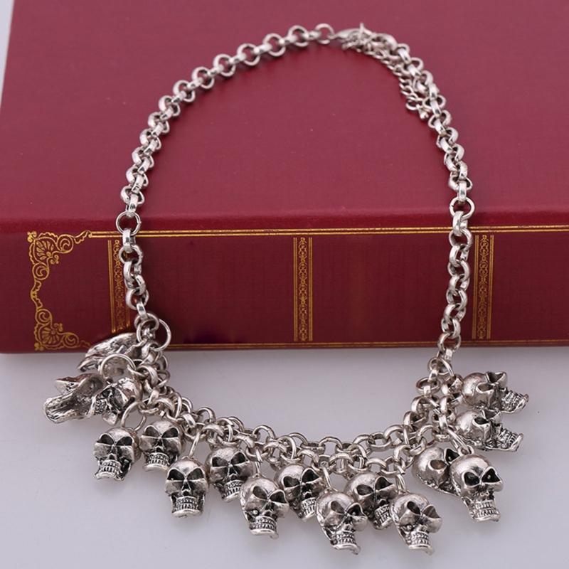 Punk Halloween Skull Necklace Statement Chain Jewelry with Front Drape and Alloy Finish for Concert and Party Outfits Daily