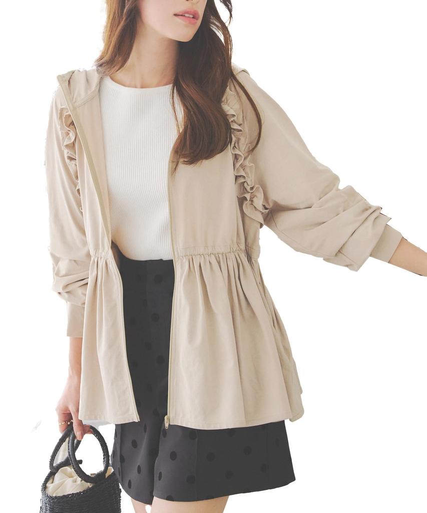 Kobe Lettuce Rash Guard: Thumbhole Waist String and Shoulder Frill Hoodie for UV Protection, Perfect for the Pool or Beach [S209] M, Beige