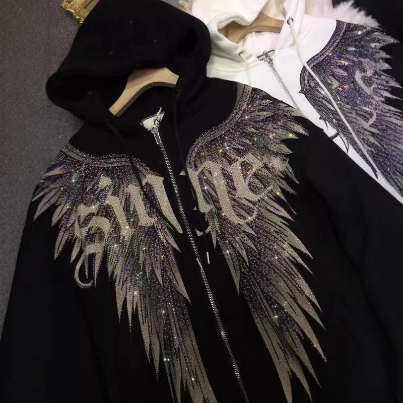 Plus Size Women's Hot Diamond Light Luxury Front and Rear Wings Hoodie Plus Fleece Hoodie