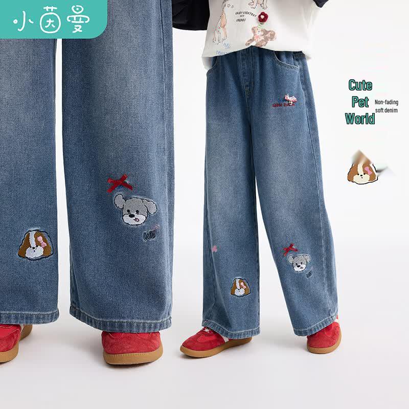 Girls  Cartoon Puppy Embroidered Wide-Leg Denim Jeans 9-10Y
