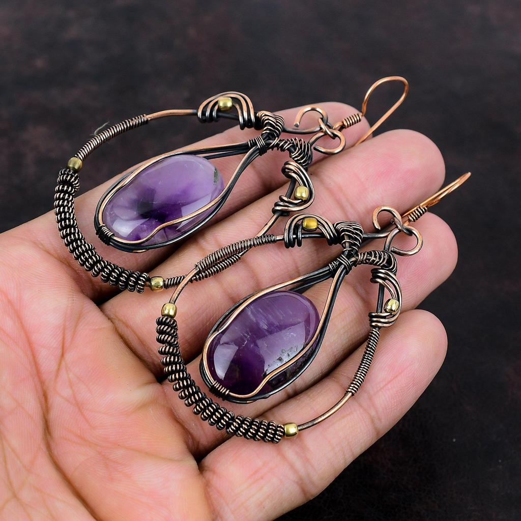 Star Amethyst Earring Copper Wire Wrapped Earring Genuine Gemstone Jewelry Handmade Earrings Very Pretty Copper Jewelry Women's Special Gift