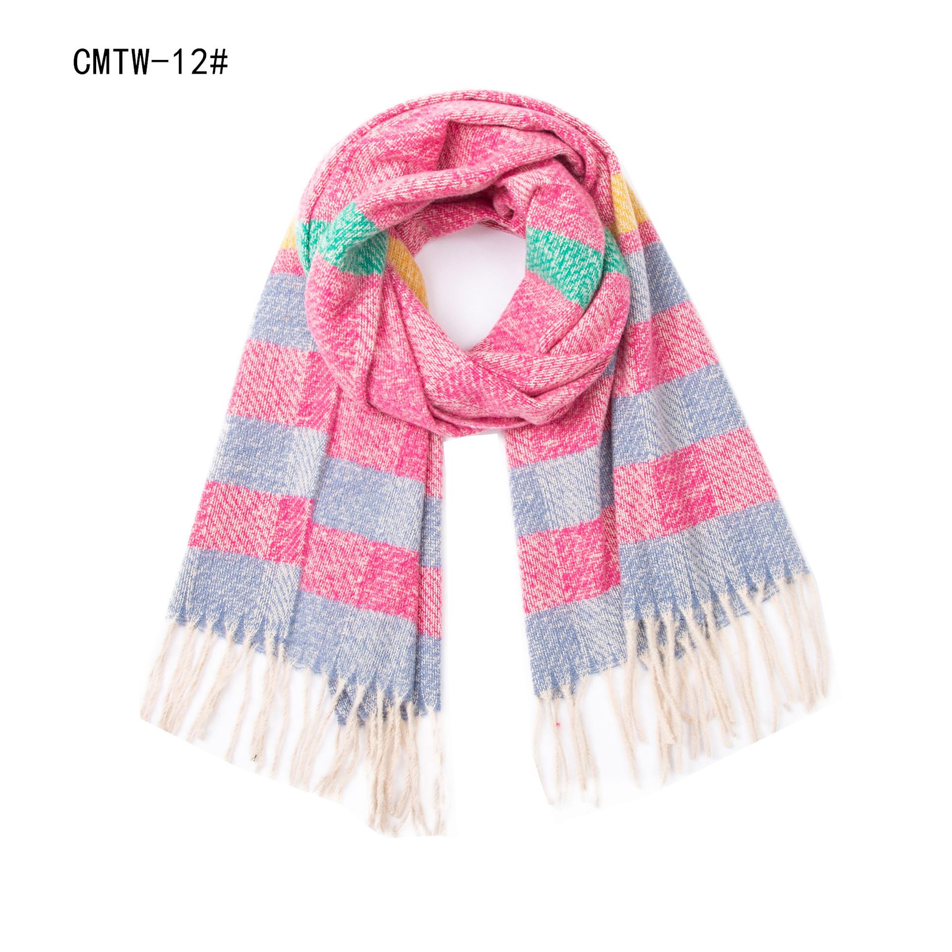 Осенне-зимний мужской полосатый шарф с бахромой, женская теплая шаль ярко-розовый