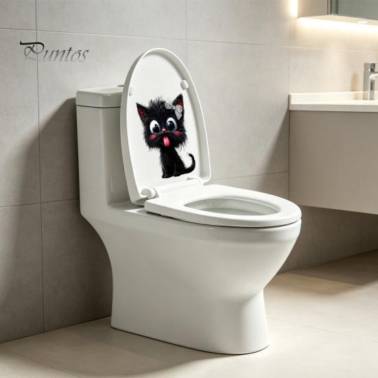 Removable PVC Wall Clings Halloween Cute Tongue Out Black Cat Toilet Lid Sticker, Cartoon Kitty Healing Style Room Decorations Bathroom Decal,