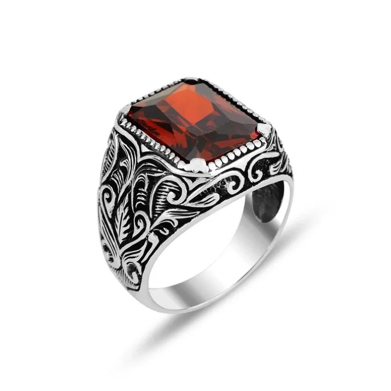 Retro Square Inlaid Red Zircon Rings for Men Personalized Fashion copper Color Metal Carving Pattern Punk Rings Accessories