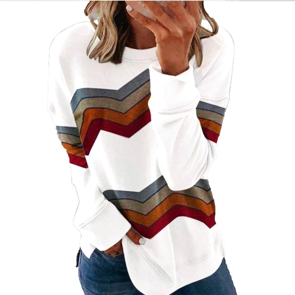 Women's Casual Long Sleeve Stripe Print Color Matching T Shirt Slim Top