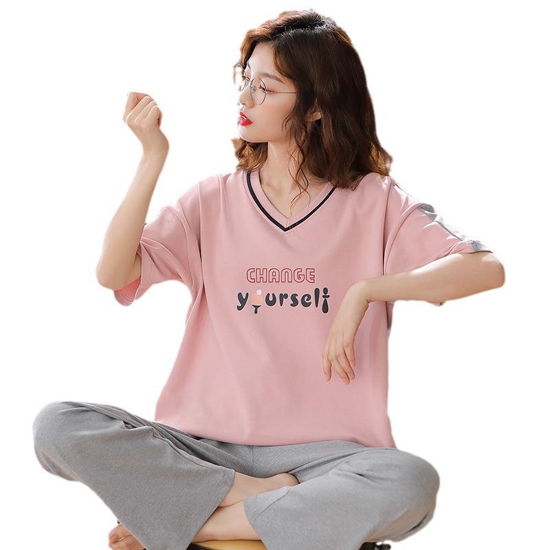 2024 Women's Summer Pajama Set: Pure Cotton, Short Sleeve, Long Pants - Lightweight and Casual for Indoors or Outdoors