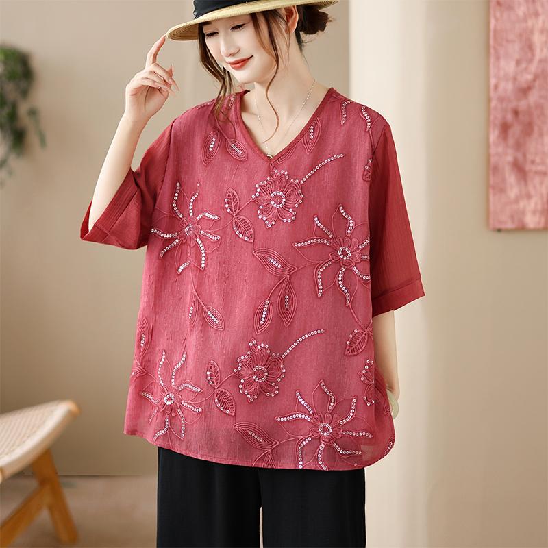 DIMANAF 2026 Große Größen Sommer Damen T-Shirts Lässige Damen Tops Tunikahemd Stickerei Floral Oversize Lockere T-Shirts