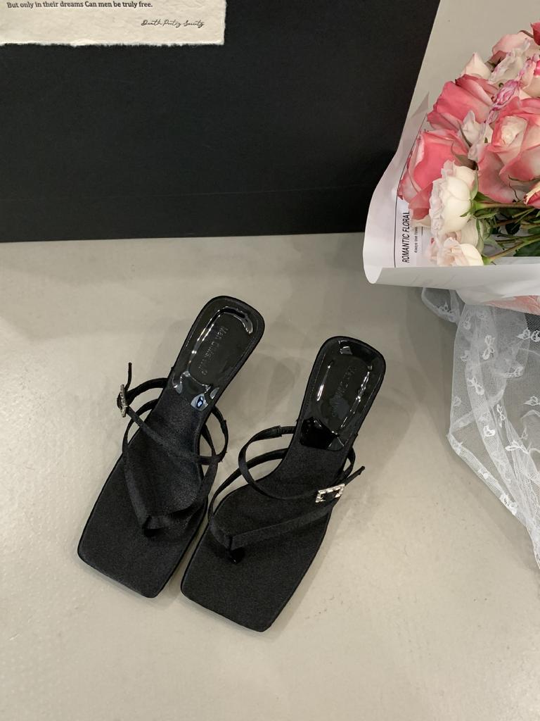 2025 Summer New High-heeled Sandals French Square Toe Flip-flops Women's Shoes Outside