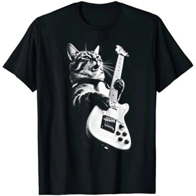 Letní Unisex rocková kočka hrající na kytaru legrační kytara kočičí tričko Hiphop oversized triko ležérní bavlněné denní pouliční tričko