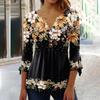 Women 3D Flower Print Pullover T-Shirt Top Loose Hem V-neck Buttons Half Placket 3 4 Sleeves Streetwear Blouse