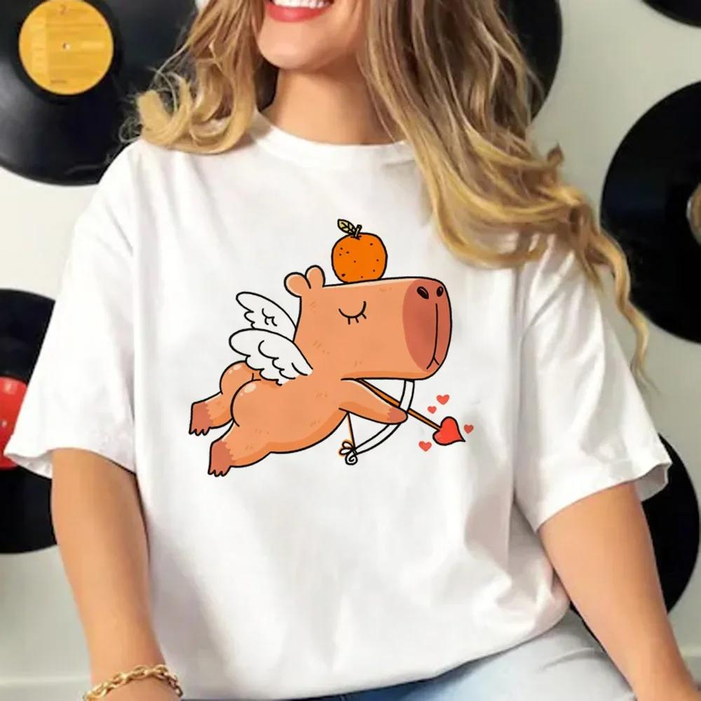 Summer Round Neck Cartoon Capybara Pattern Printed Top Fashionable Casual Pure Cotton Short Sleeved Women's T-shirts