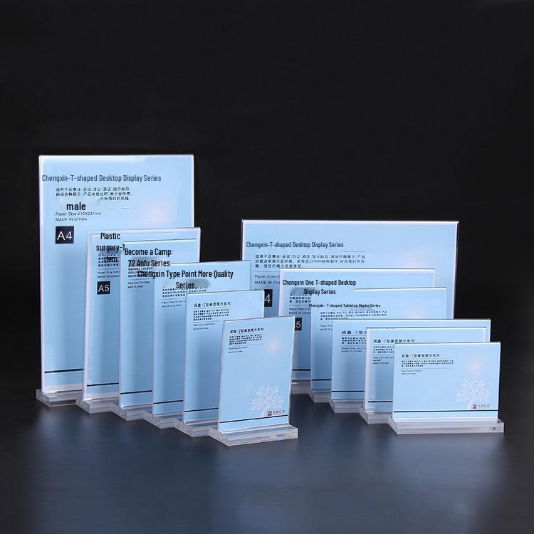 Acrylic Double-Sided Transparent Table Stand: A4 Card, A5 Sign, A6 Wine List, T-Shape Display.