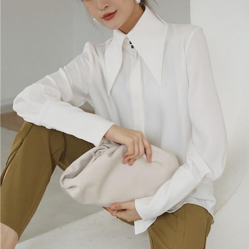 Stylish Elegant Turn Down Collar White Long Sleeve Satin Shirts Fashion Woman Vintage Blouse Office Lady Tops