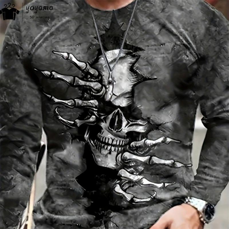 Fashion Skull Print Men's Clothing Casual T Shirt Men Vintage Print Skull Graphic T Shirts Street Loose Long Sleeve T-shirt Tops