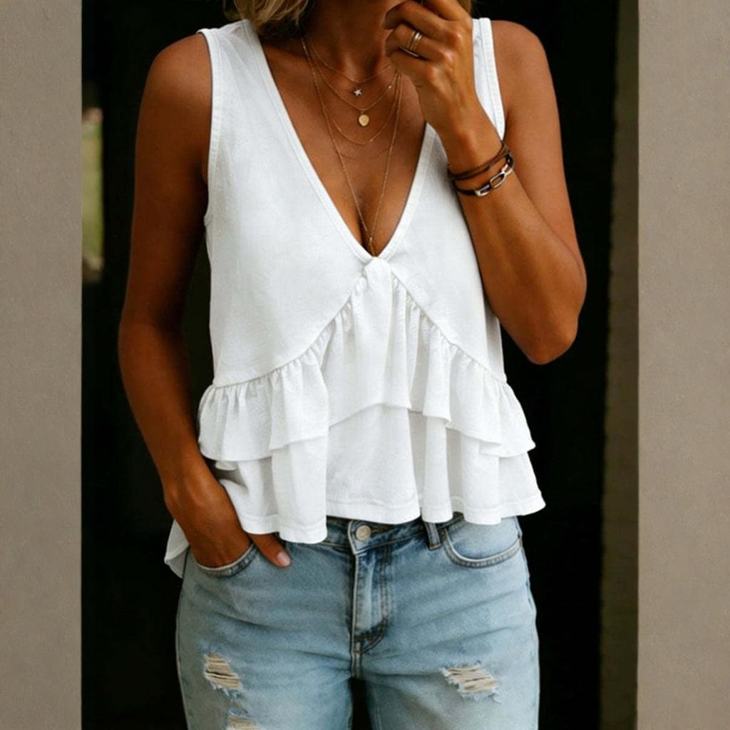Women's Fashionable Loose V-Neck Ruffled Sleeveless Top