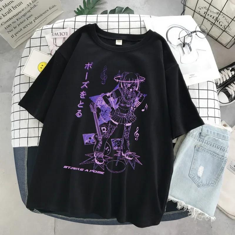 

Женская футболка большого размера Kawaii Goth Harajuku Music Girl Print Black Crop Top Short Sleeve Женские футболки Y2k Mujer Grunge Kpop S