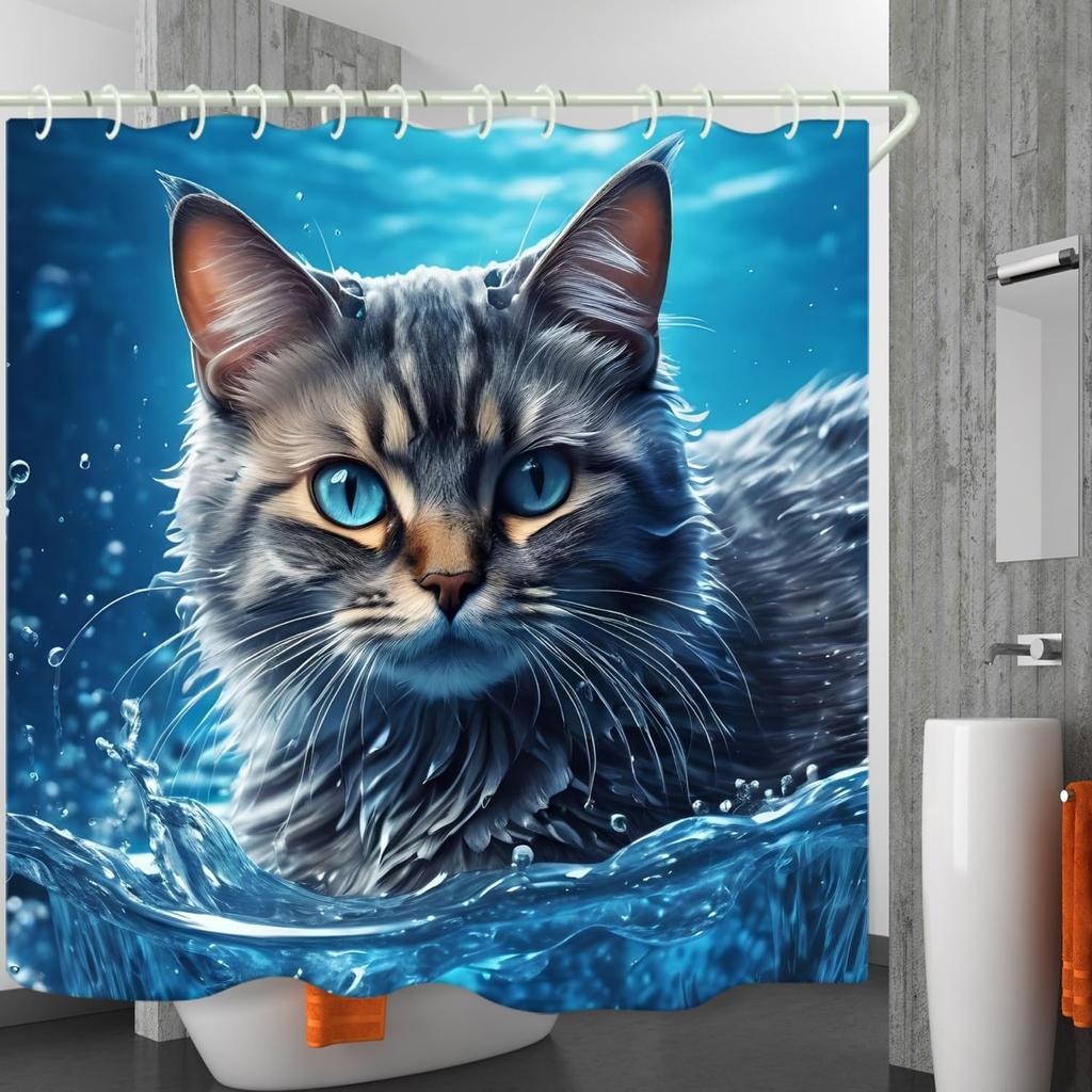 Sea Cat 3D Shower Curtain, Luxury Bathtub Standard Size 72x72 Inches, Waterproof, Bright Fabric, 12 White Hooks