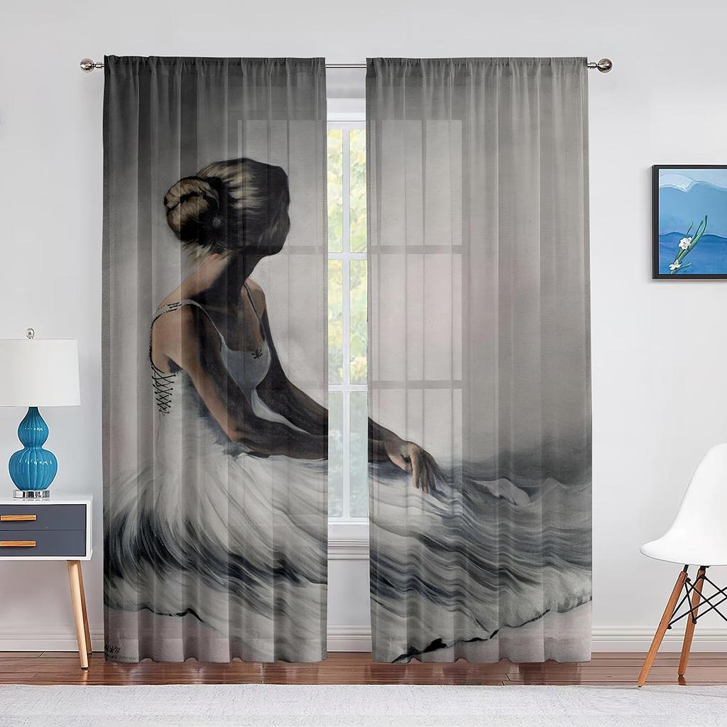 Retro Ballerina Dancing Classic Performance Tulle Curtain for Living Room Decoration Chiffon Sheer Voile Kitchen Bedroom Curtain