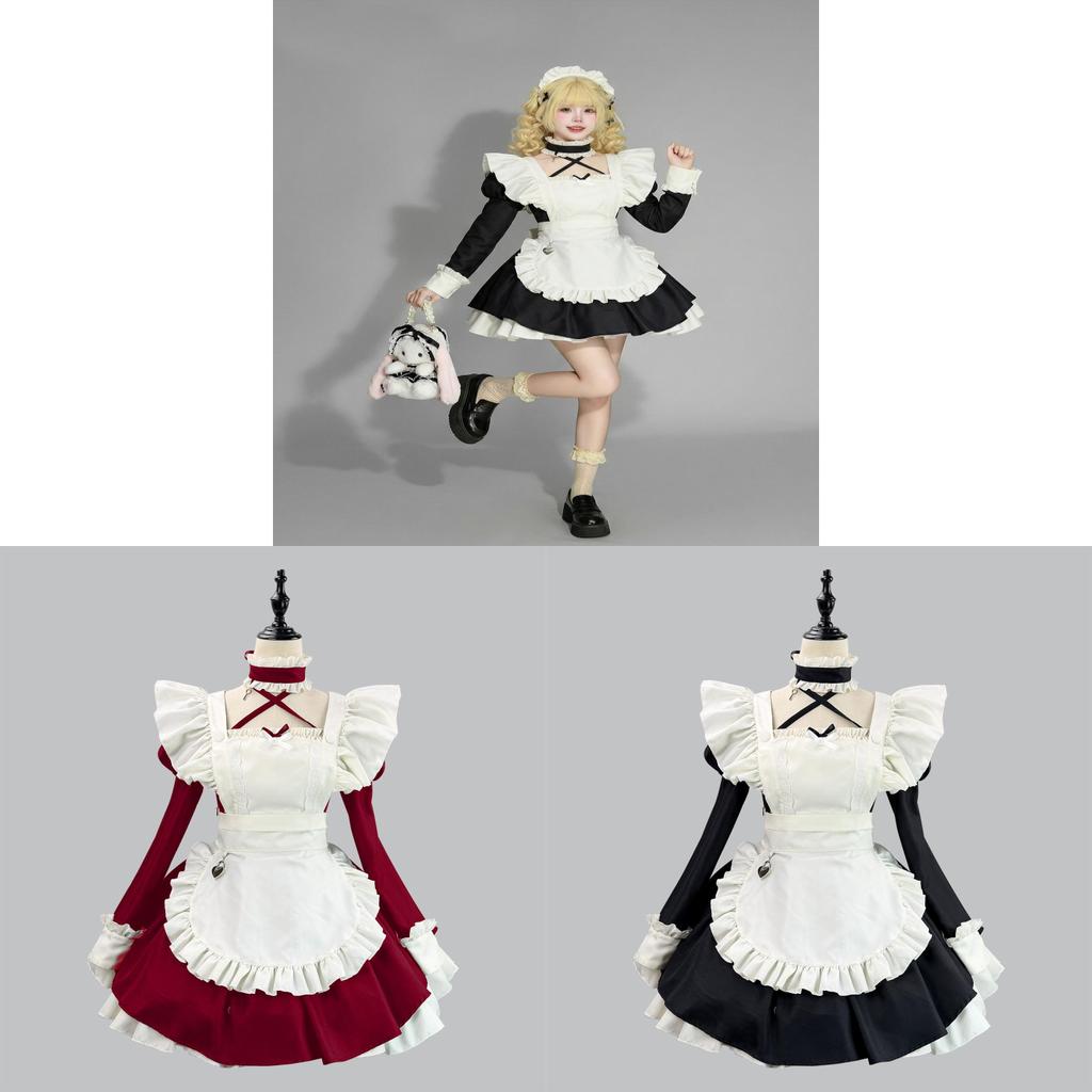 Japanese Anime Cosplay Maid Costume With Lace Ruffle Bubble Sleeves For Halloween And Conventions