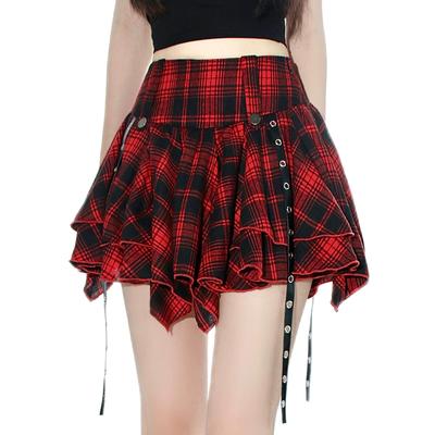 Punk Chain and Red Check Mini Y2K Ruffle Tiered 12F028 [syvent] Two-Color Skirt, Pattern, Short, Gothic-Inspired Skirt, Spring, Summer, Fall,