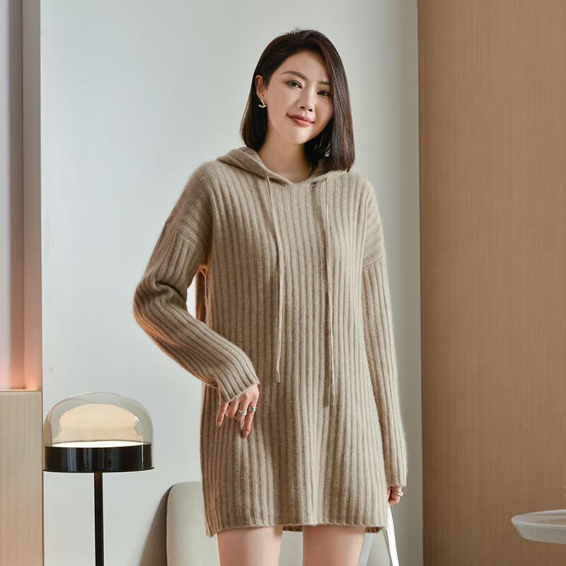 FANZHEEN Women's Hooded 100% Wool Knit Midi Dress