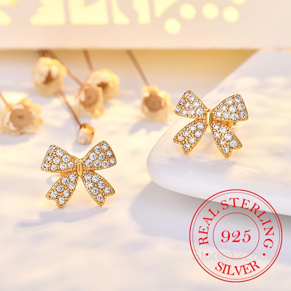 925 Sterling Silver Jewelry Luxury Crystal Bowknot Butterfly Stud Earrings for Women Wedding Party Jewelry for Girls Friend Gift