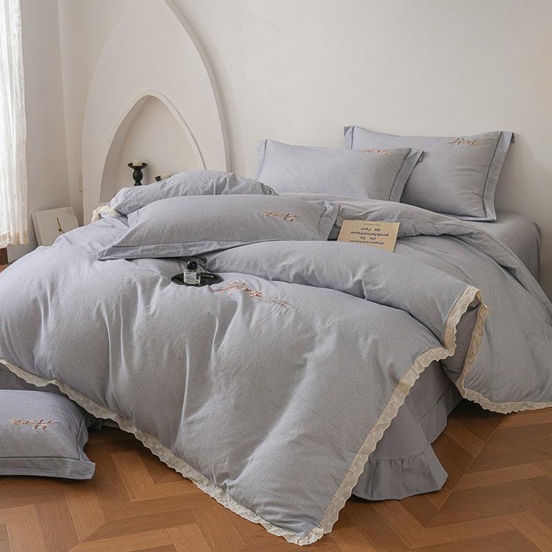 100% Cotton Brushed Bedding Set French Lace Embroidered Soft Breathable All Season Bed