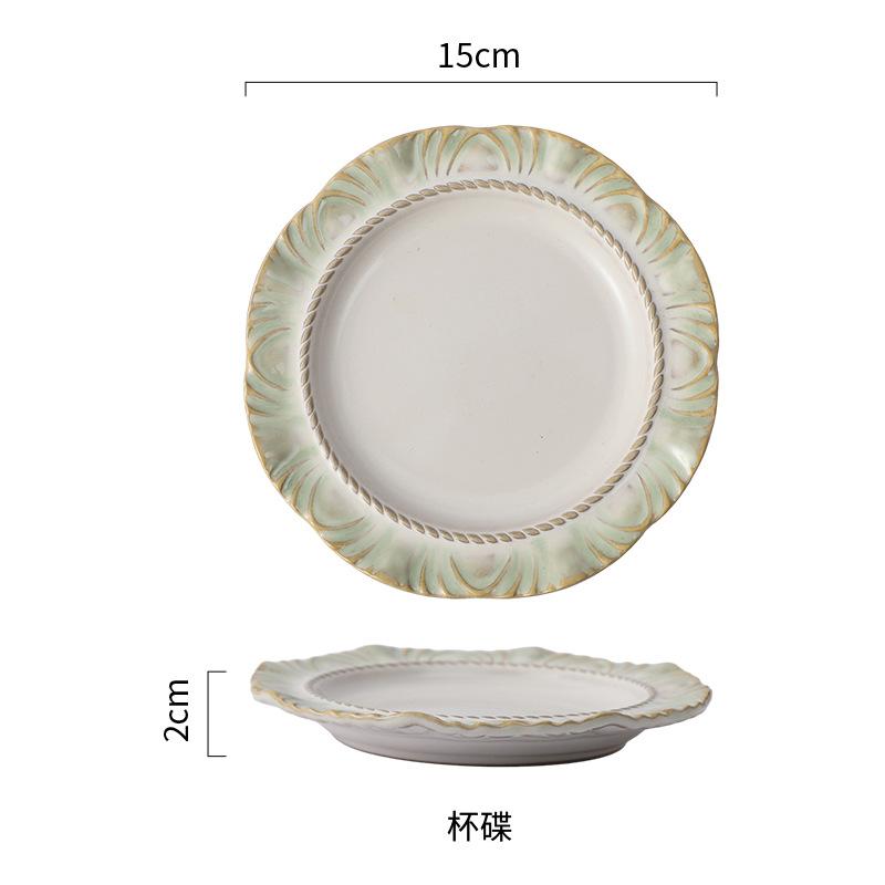 European-Style Relief Ceramic Tableware Set, Household Kiln Change, Retro Western Food Plate, Cup Plate Combination, Steak Pizza Plate, Bone Plate.