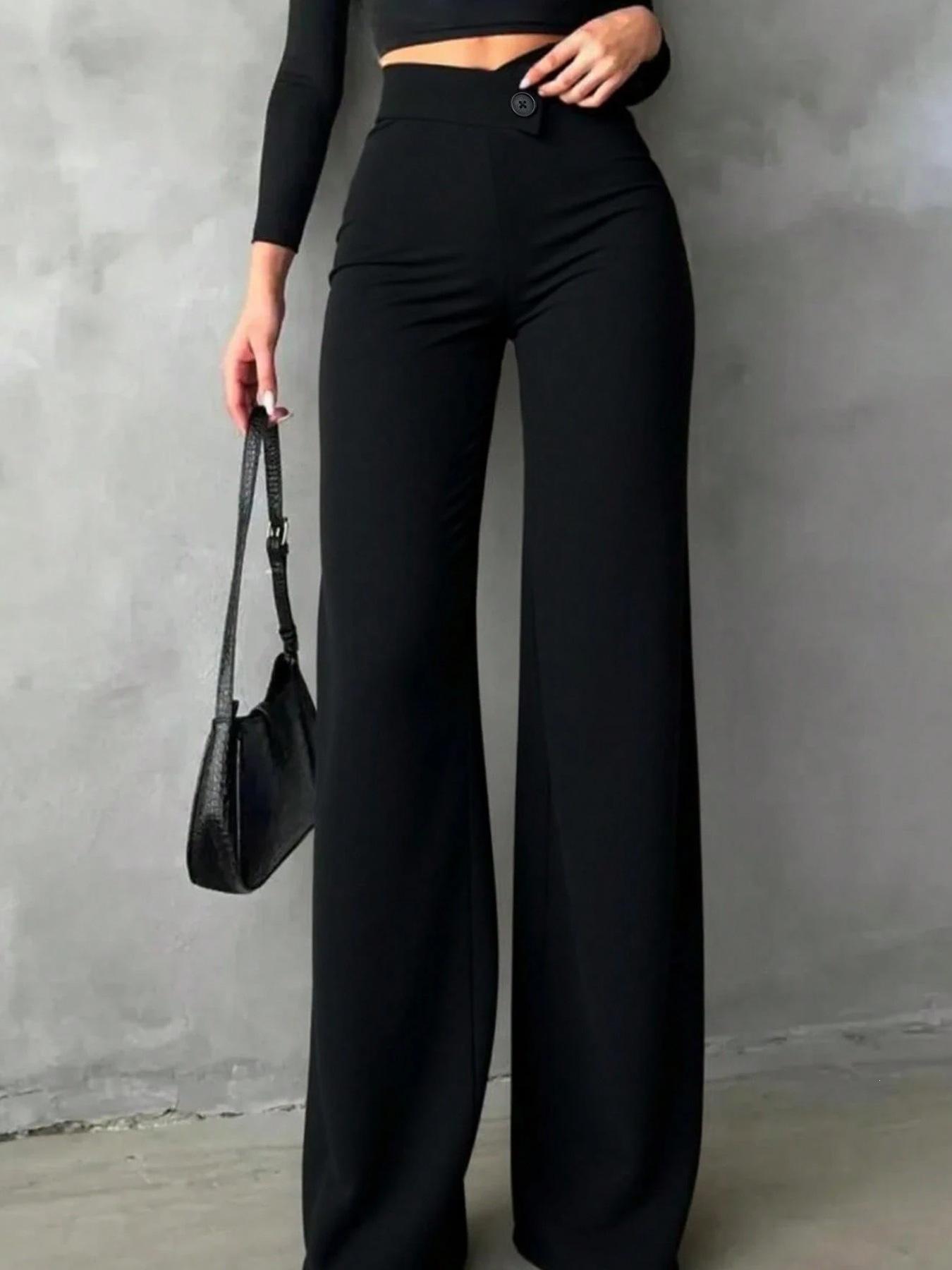 2026 Women s Black High-Waisted Straight-Leg Pants with Asymmetrical Waistband M чёрный