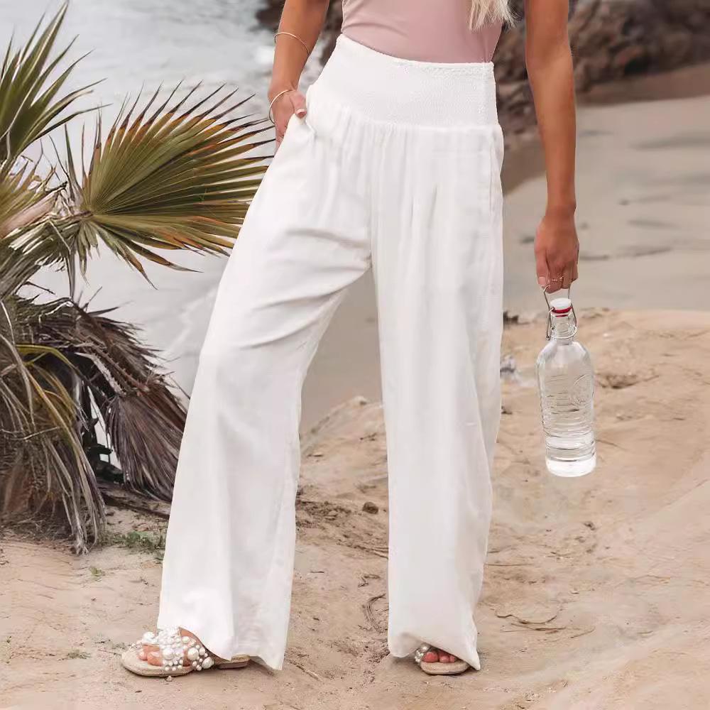 Women's Spring/Summer 2025 Cotton Linen Wide-Leg Pants - Solid Color, Elastic Waist, Casual Long Fit
