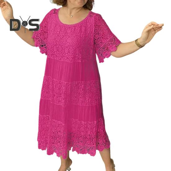 

Летнее женское платье с ажурным кружевом и круглым вырезом, плиссированное однотонное платье до середины икры, свободный пуловер с короткими рукавами и цветочной вышивкой, платье миди XXL розы красного