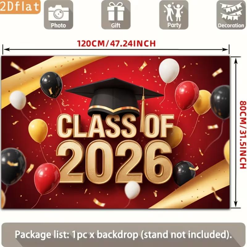 2D Class of 2026 Graduation Photography Backdrop Red Gold Balloon & Confetti Party Background