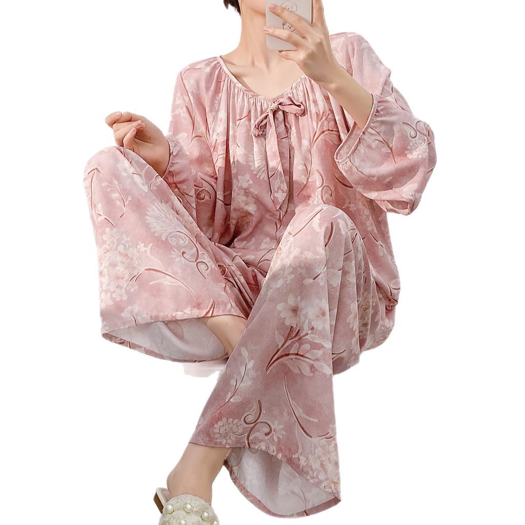 Cotton and silk family 1011 new cotton silk pajamas women's spring and autumn loungewear suit women can wear casual long-sleeved trousers