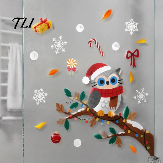 Creative Gift for Friends Cute Christmas Owl Window Sticker, Snowy Branch Candy Glass Decal, Waterproof Self Adhesive Seasonal Wall Art Xmas