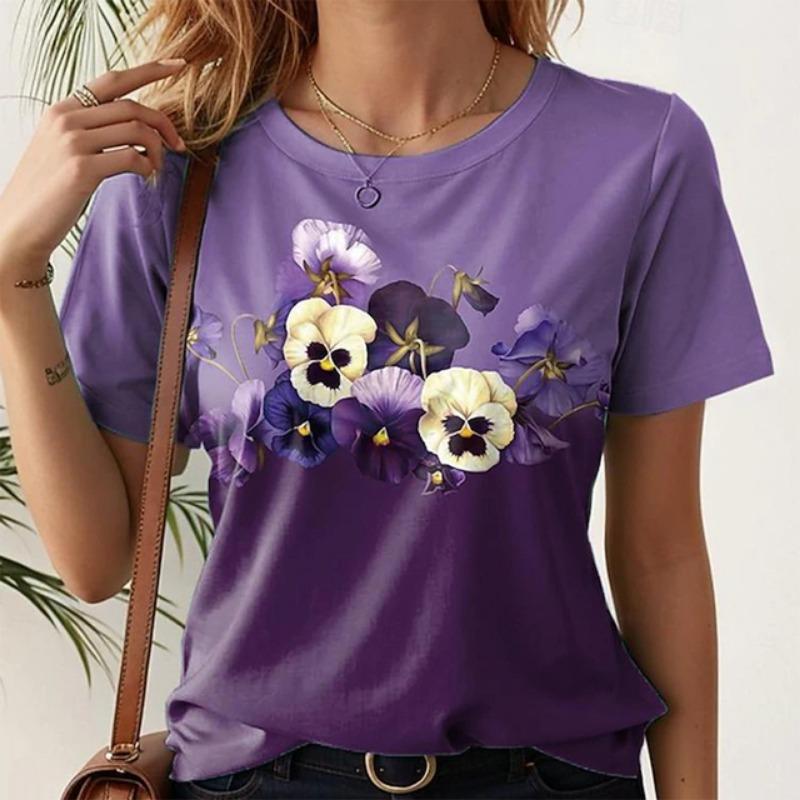 Summer Women's Fashionable Short Sleeve T-Shirts 3d Flower Print Round Neck Pullovers Loose Casual Tops Trendy Women Clothing