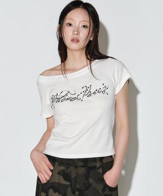 Hellenepaliseu Wave Logo Cubic Off-Shoulder Half T-Shirt [White]