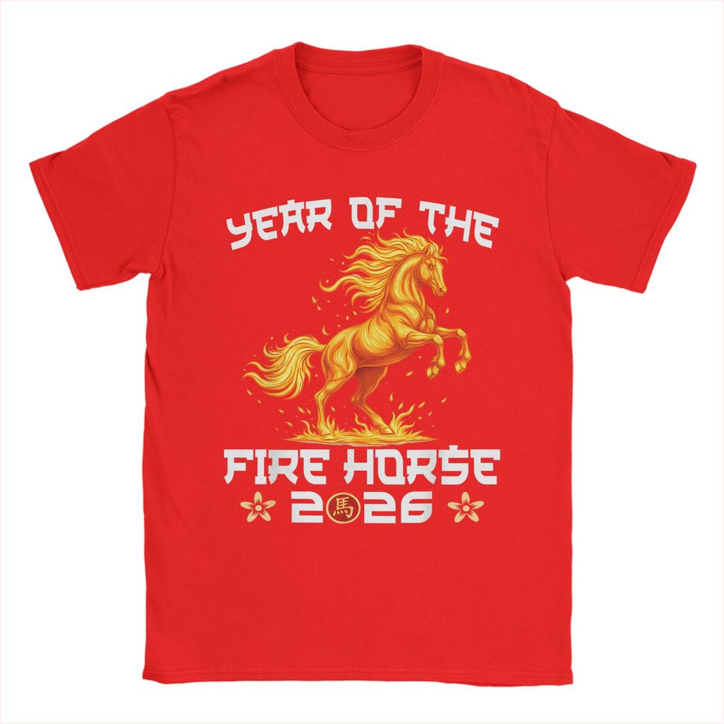 Mens TShirt Year of The Fire Horse New Year 2026 Zodiac Horse Pure Cotton Tees Short Sleeve  T Shirts O Neck Tops Unique