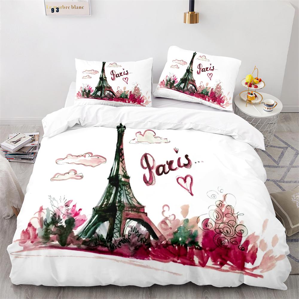 Paris Eiffel Tower Themed Couple Duvet Cover Set Cityscape Comforter Cover Romantic Polyester Bedspread Cover Pink Floral King