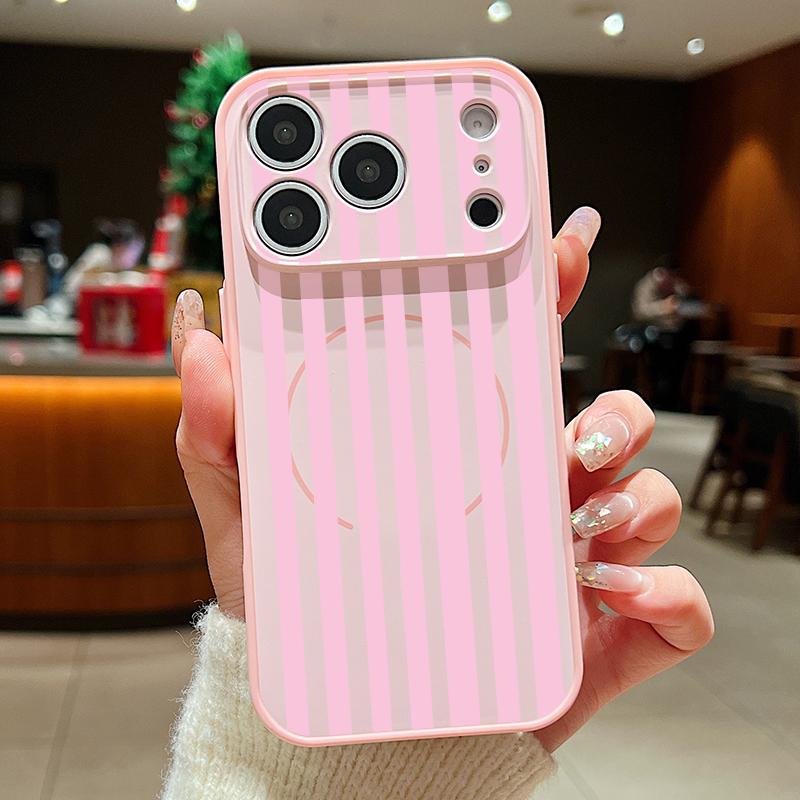 Stripe Heart Pattern Case For iPhone 17 18 Pro Max For iPhone 16 15 14 13 Pro Max Magnetic For Magsafe Skin Feel Hybrid Phone Cover
