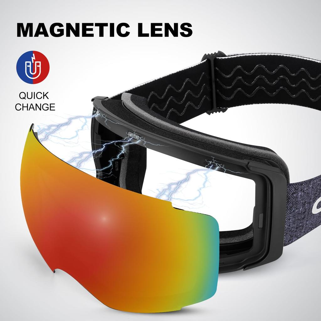 Odoland Snow Goggles Night Ski Magnetic Interchangeable Spherical Glasses OTG Wide Field of UV400 Impact Unisex Lens VLT + Lenses, Lenses, Dual-Layer