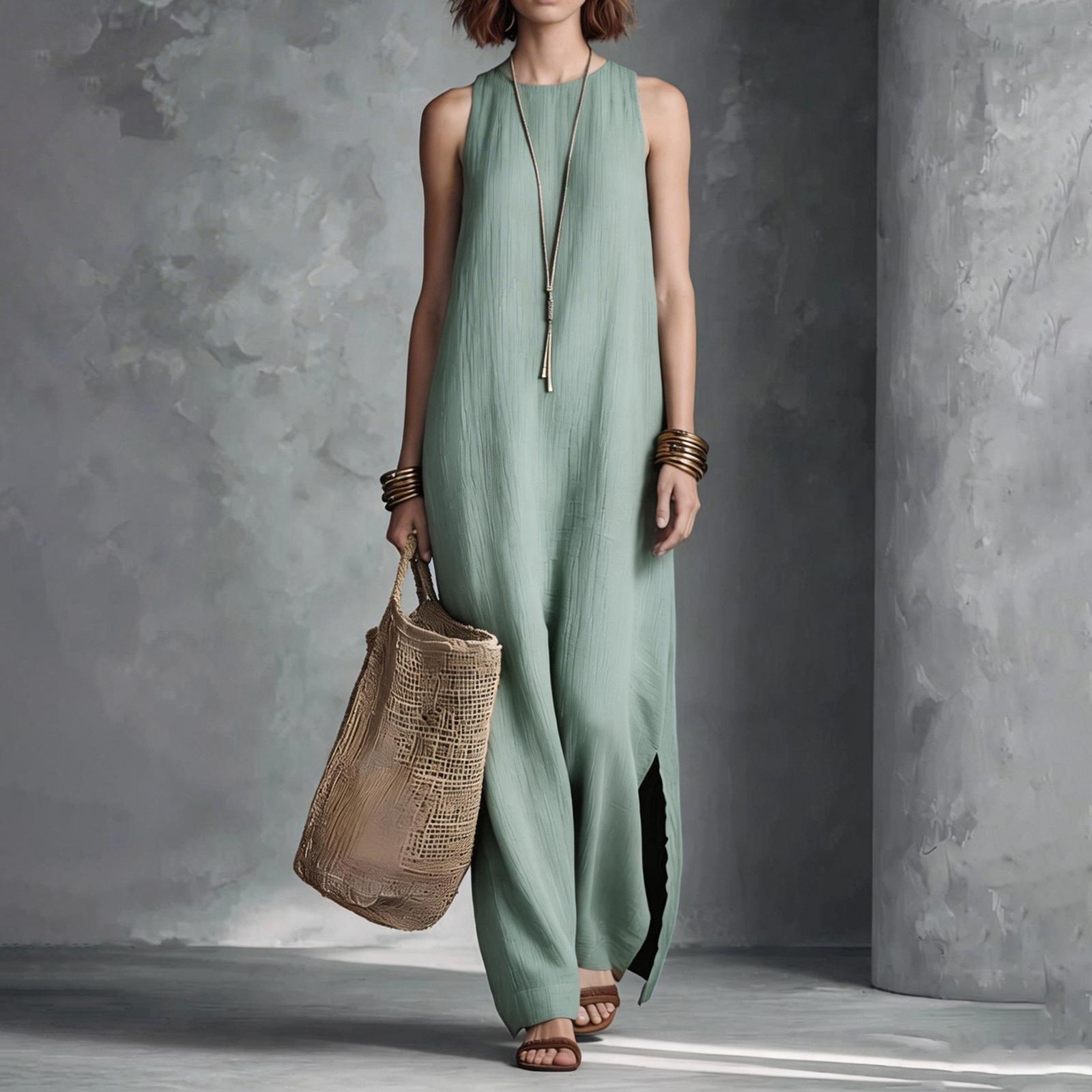 Women s Color Sleeveless Vacation Cotton And Linen Dress L циан