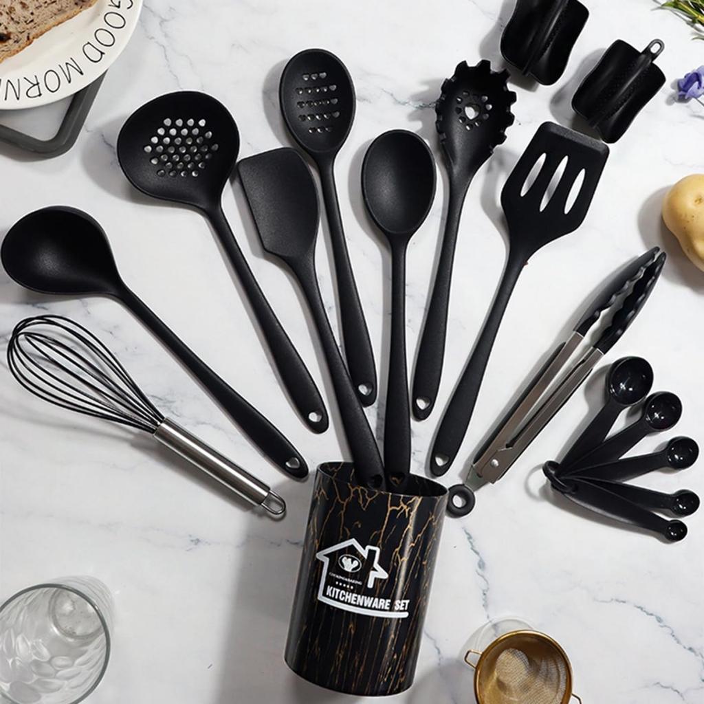 18pcs Silicone Kitchen Utensils Set with Holder Measuring Spoons Oven Mitts Nonstick Cooking Utensils Kitchen Gadgets