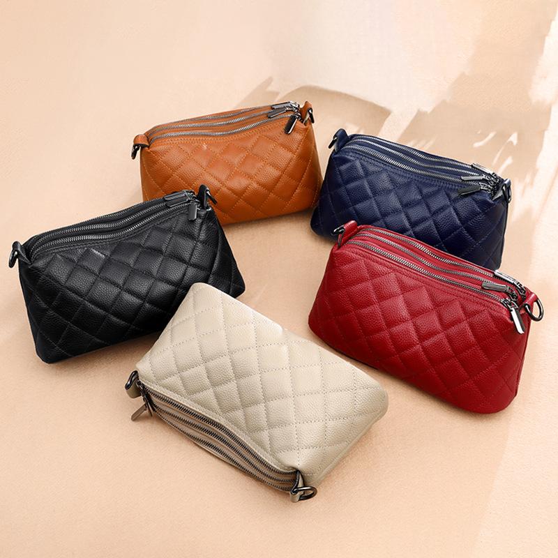 Genuine Leather Rhombus Shoulder Bag Women, Simple Casual Soft Leather Bag Women'S Solid Color Cowhide Messenger Bag