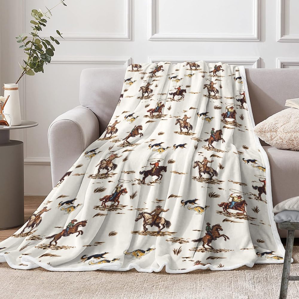 Westliche Cowboy-Decke, Vintage Cowboy reitet Pferd West-Thema Weiche Überwurfdecke für Jungen, Bauernhaus Land Amerikanisches Flanell Bla