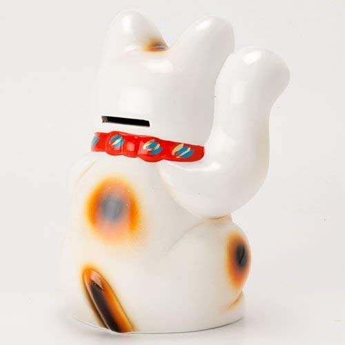White Oval Cat, Size 6, Right Handed Maneki-neko (Beckoning Cat) - Tokoname Ware