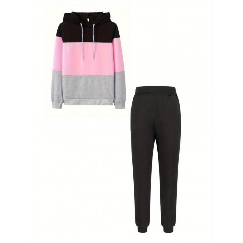 

2025 Spring European & American Color Block Hooded Pattern Casual Loose Long Sleeve Set XL чёрный