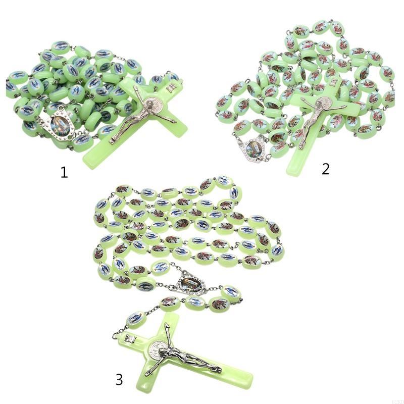 62KD Catholic Angel Virgin Mary Luminous Rosary Religious Beads Wall Hanging Rosary for Cross Pendant Necklace Glow In The Da